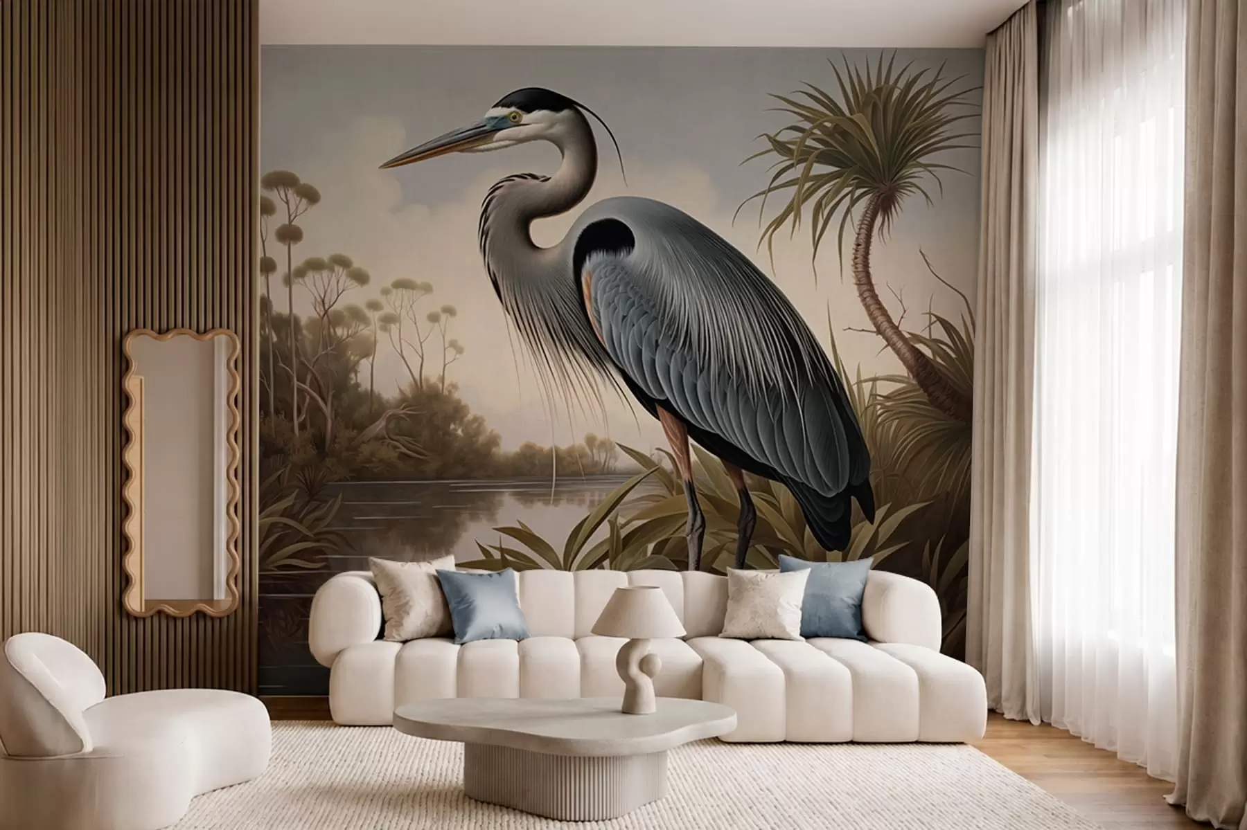 wall murals Heron by water among plants on the shore w05572