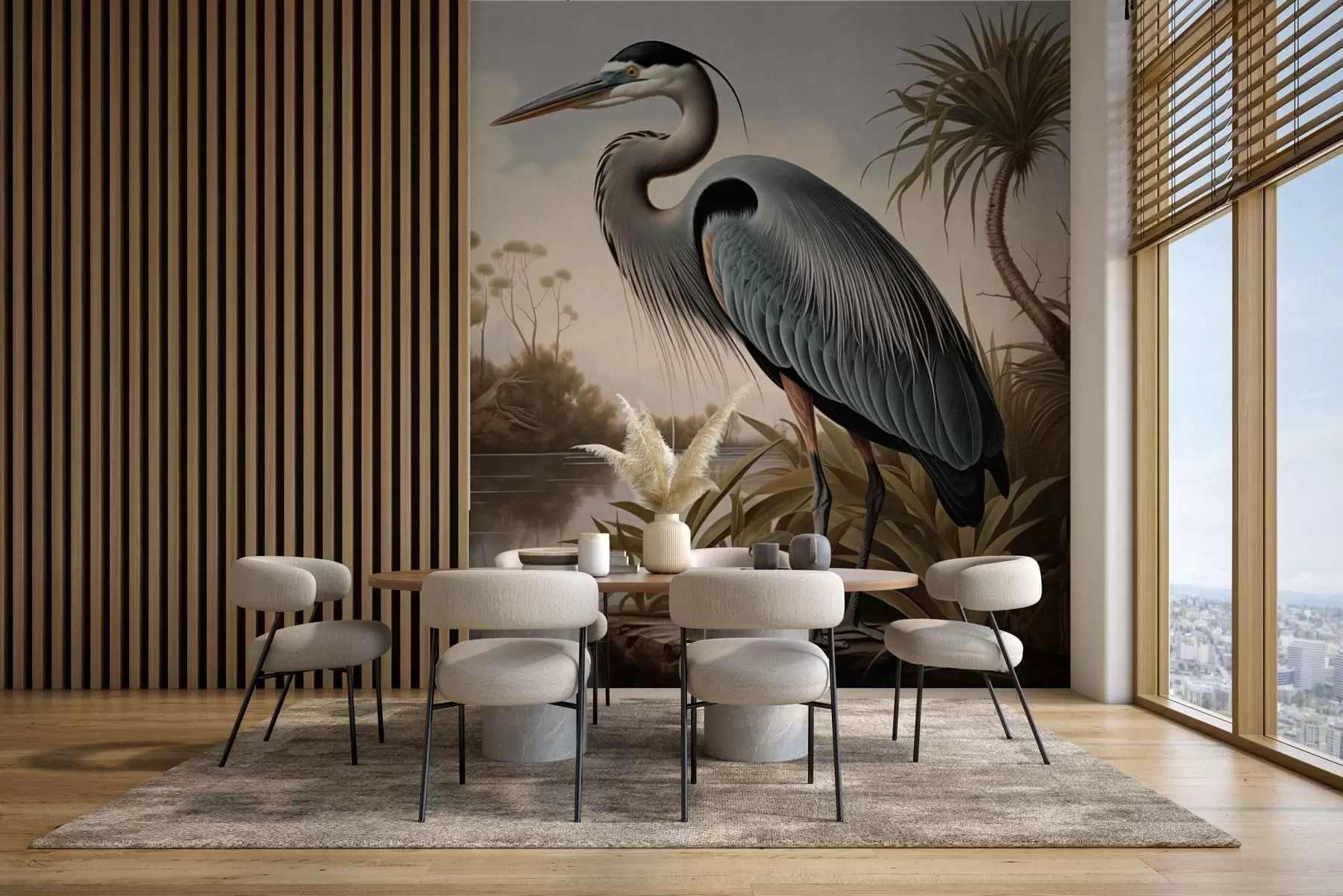 wall murals Heron by water among plants on the shore w05572