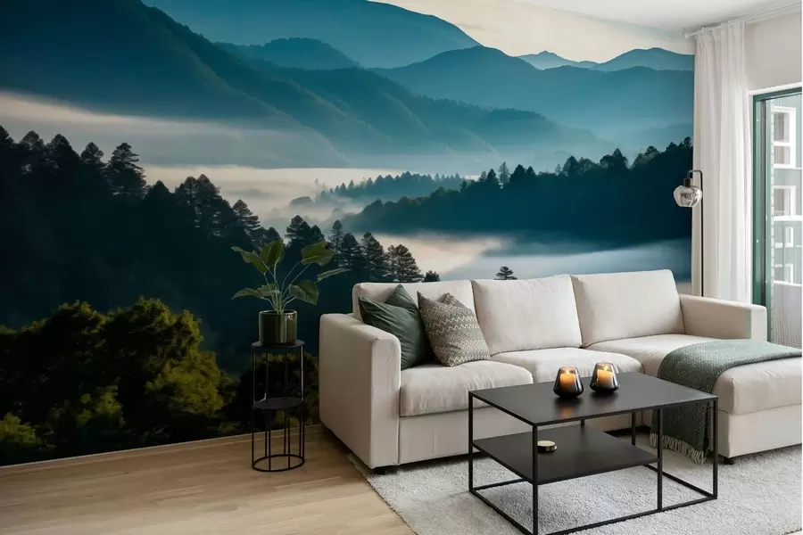 wall murals Mountain landscape with mist and forests at dawn w05573