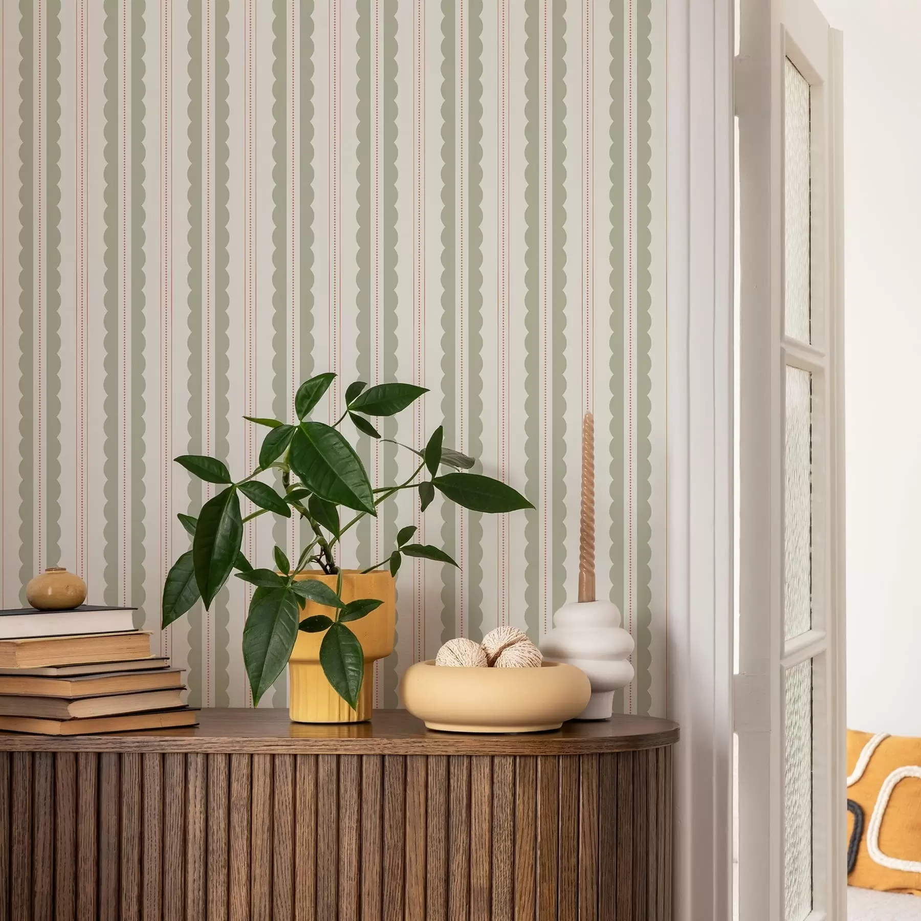 wall murals Light green wavy stripes with orange dots a01185v3