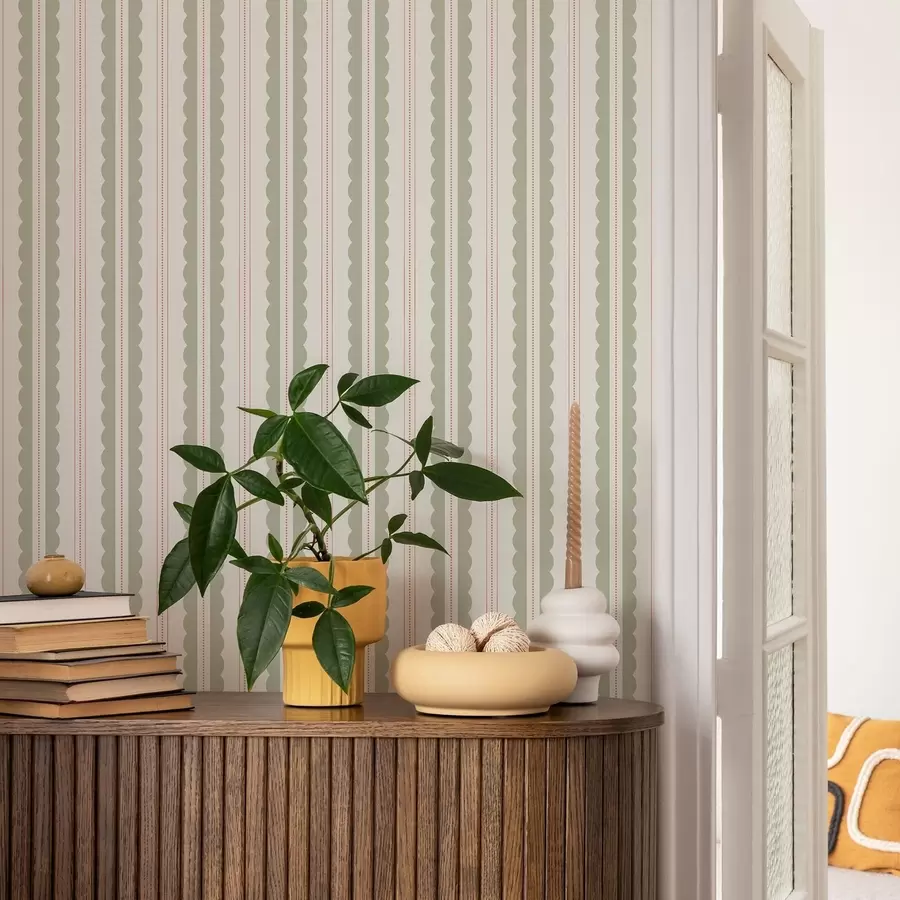 wall murals Light green wavy stripes with orange dots a01185v3