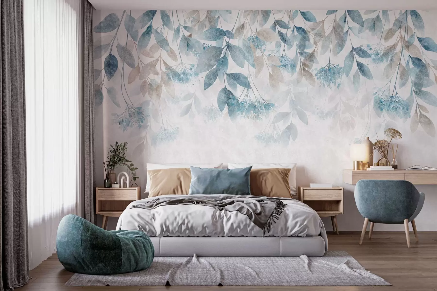 wall murals textured, cascading leaves with flowers in shades of turquoise and beige w05565