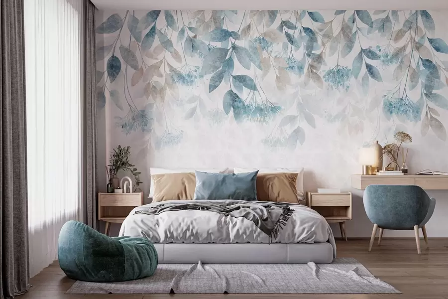 wall murals textured, cascading leaves with flowers in shades of turquoise and beige w05565