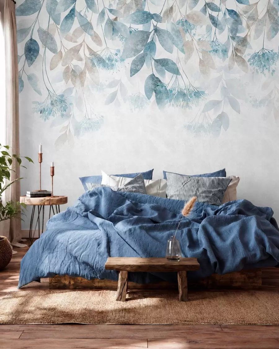 wall murals textured, cascading leaves with flowers in shades of turquoise and beige w05565