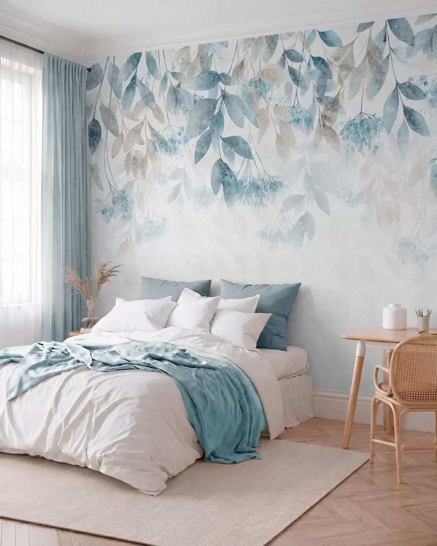 wall murals textured, cascading leaves with flowers in shades of turquoise and beige w05565