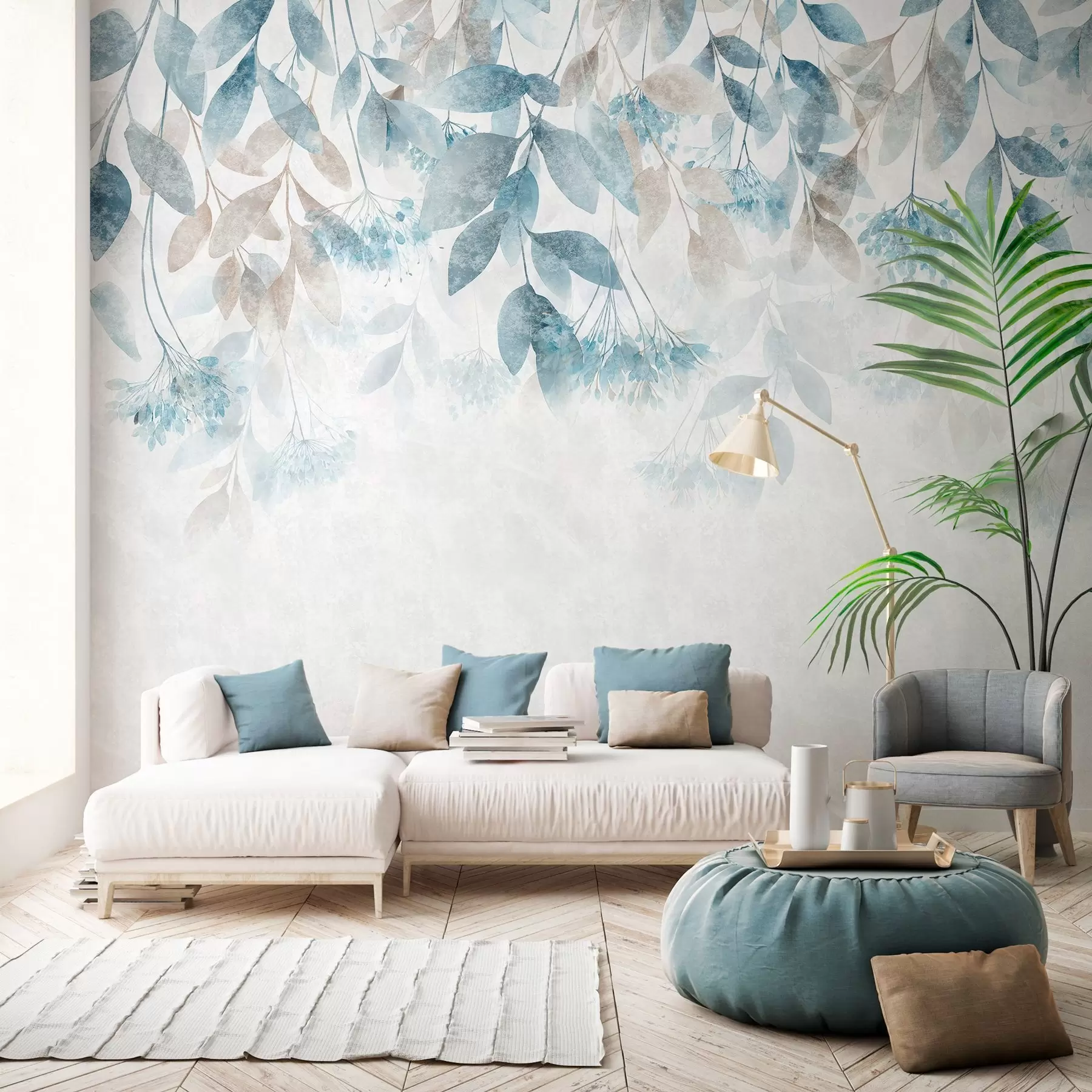 wall murals textured, cascading leaves with flowers in shades of turquoise and beige w05565