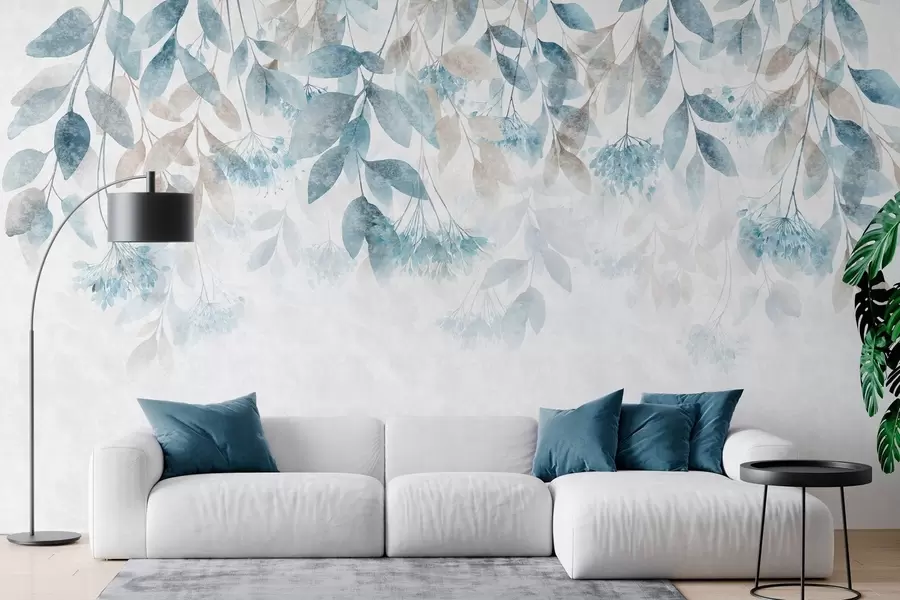 wall murals textured, cascading leaves with flowers in shades of turquoise and beige w05565