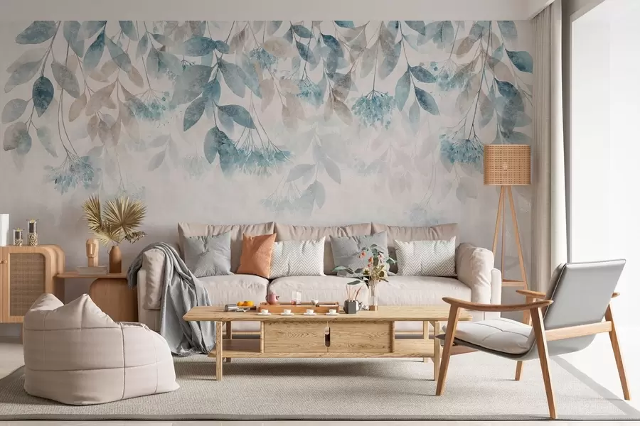 wall murals textured, cascading leaves with flowers in shades of turquoise and beige w05565