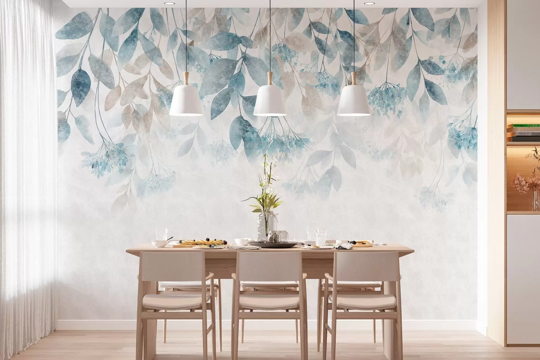 wall murals textured, cascading leaves with flowers in shades of turquoise and beige w05565