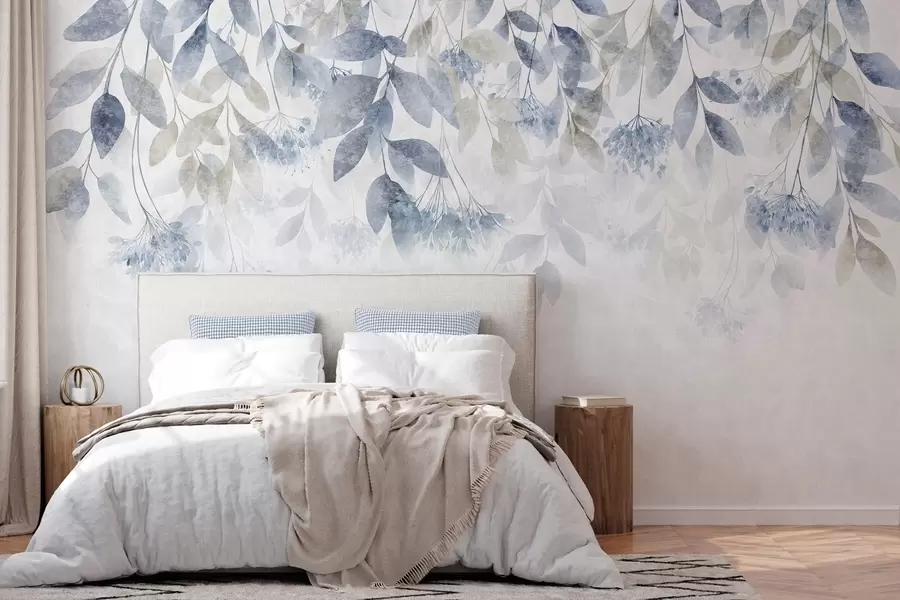 wall murals textured, cascading leaves with flowers in shades of blue and beige w05565v1