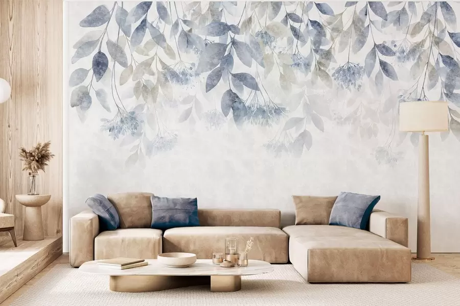 wall murals textured, cascading leaves with flowers in shades of blue and beige w05565v1