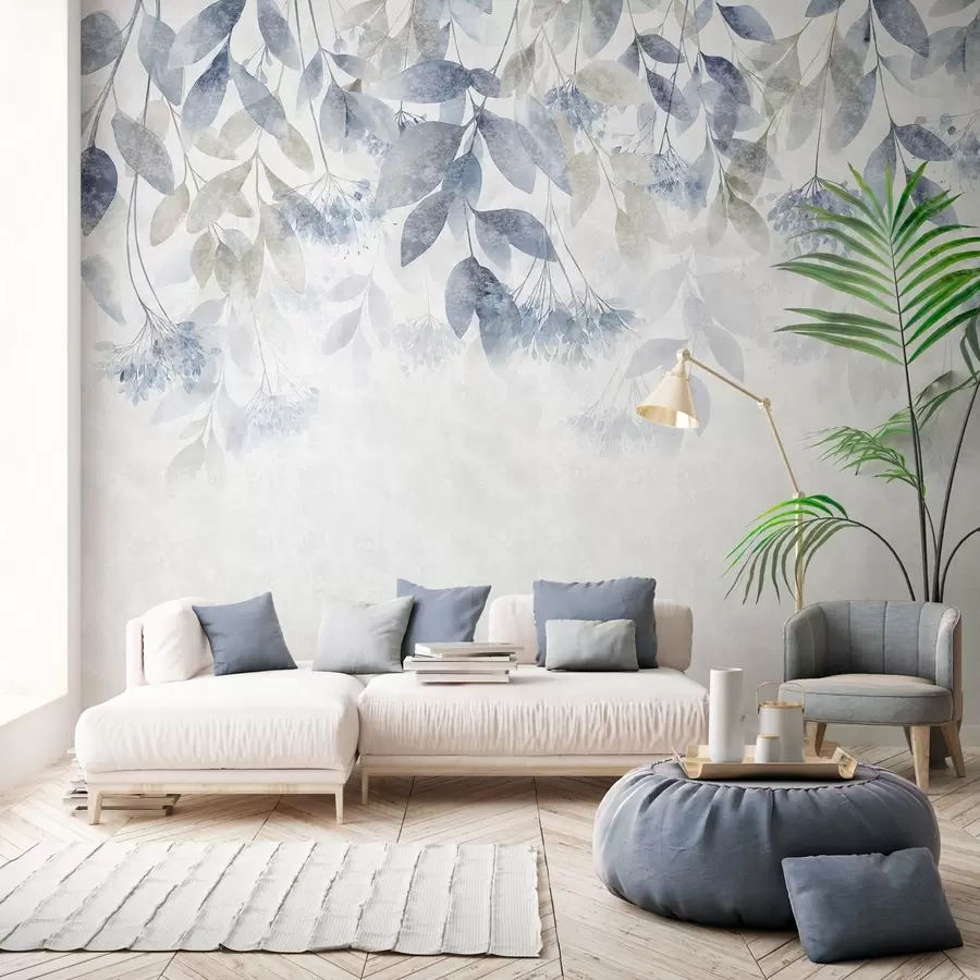 wall murals textured, cascading leaves with flowers in shades of blue and beige w05565v1