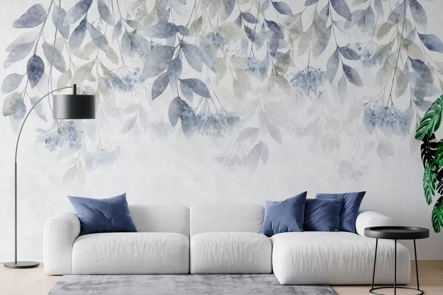 wall murals textured, cascading leaves with flowers in shades of blue and beige w05565v1