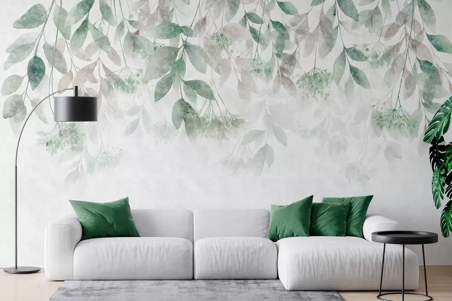 wall murals textured, cascading leaves with flowers in shades of green and beige w05565v2