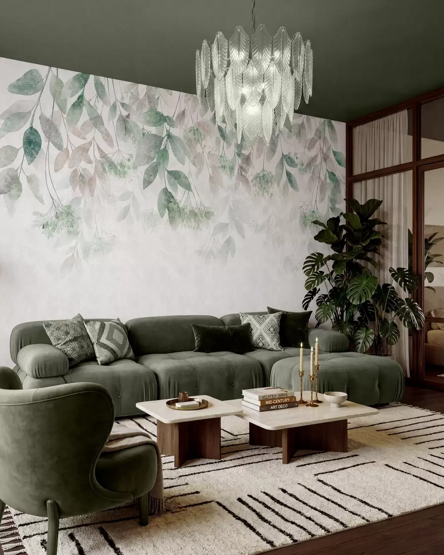 wall murals textured, cascading leaves with flowers in shades of green and beige w05565v2