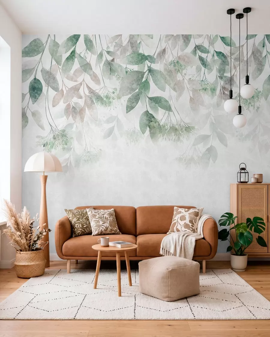 wall murals textured, cascading leaves with flowers in shades of green and beige w05565v2