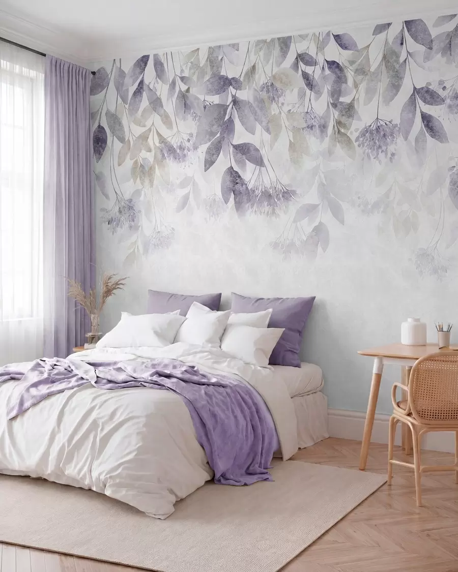 wall murals textured, cascading leaves with flowers in shades of purple and beige w05565v3