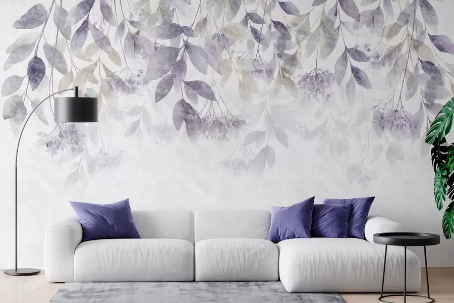 wall murals textured, cascading leaves with flowers in shades of purple and beige w05565v3