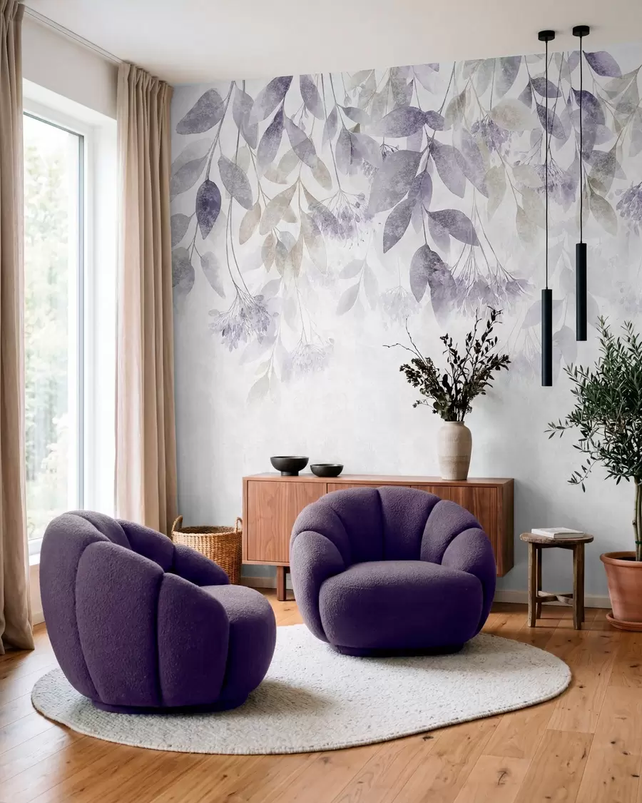 wall murals textured, cascading leaves with flowers in shades of purple and beige w05565v3