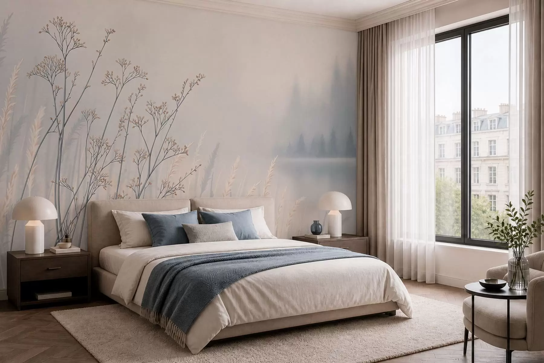 wall murals Meadow grasses by water in misty landscape w05534
