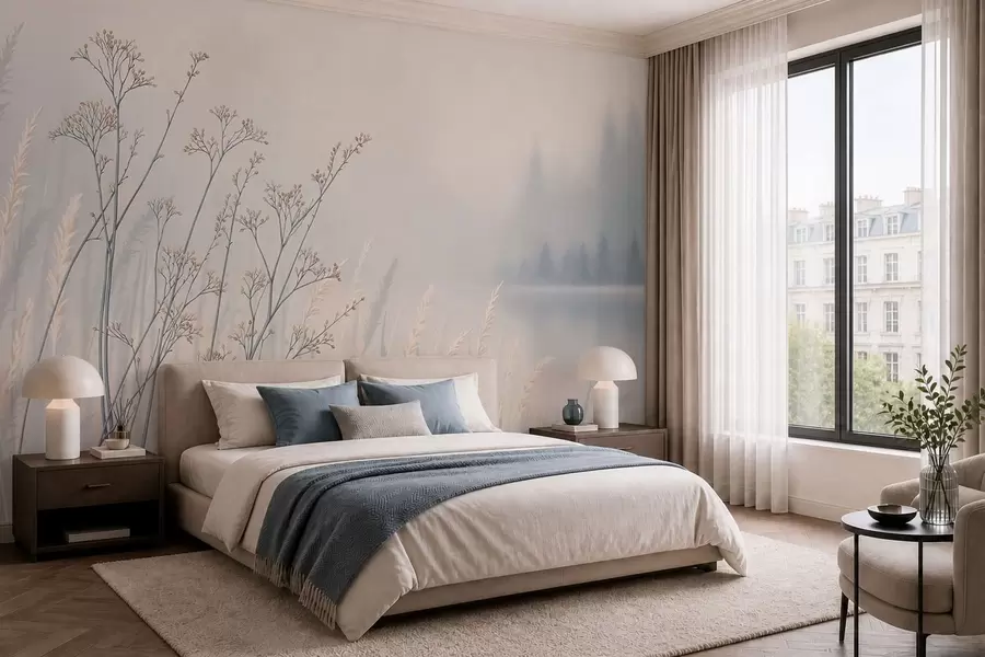 wall murals Meadow grasses by water in misty landscape w05534
