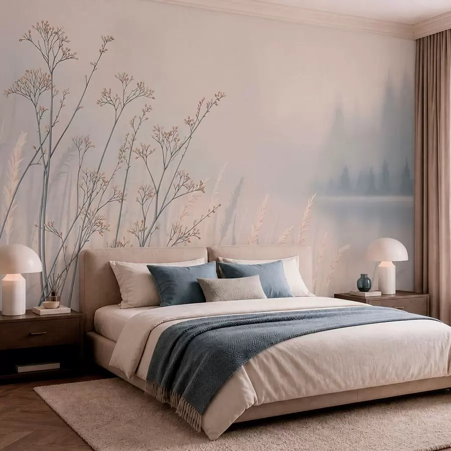 wall murals Meadow grasses by water in misty landscape w05534