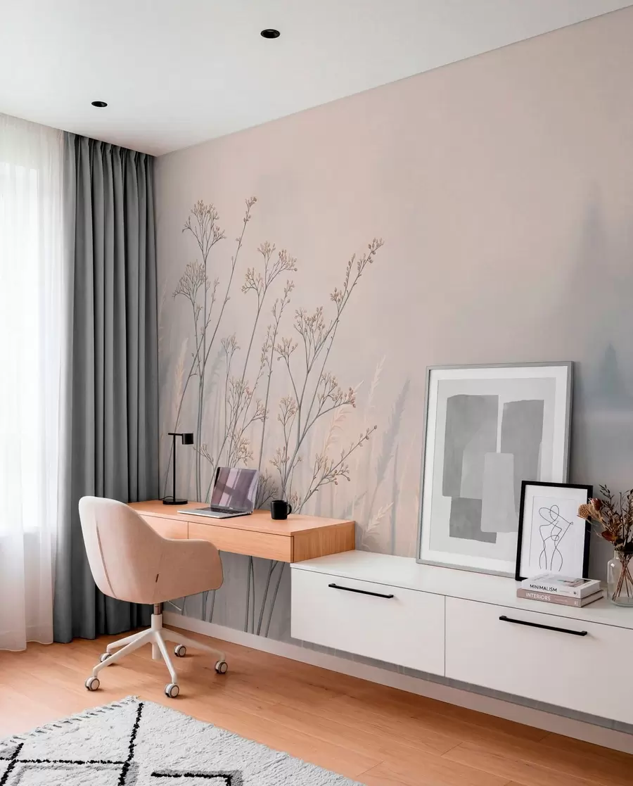 wall murals Meadow grasses by water in misty landscape w05534