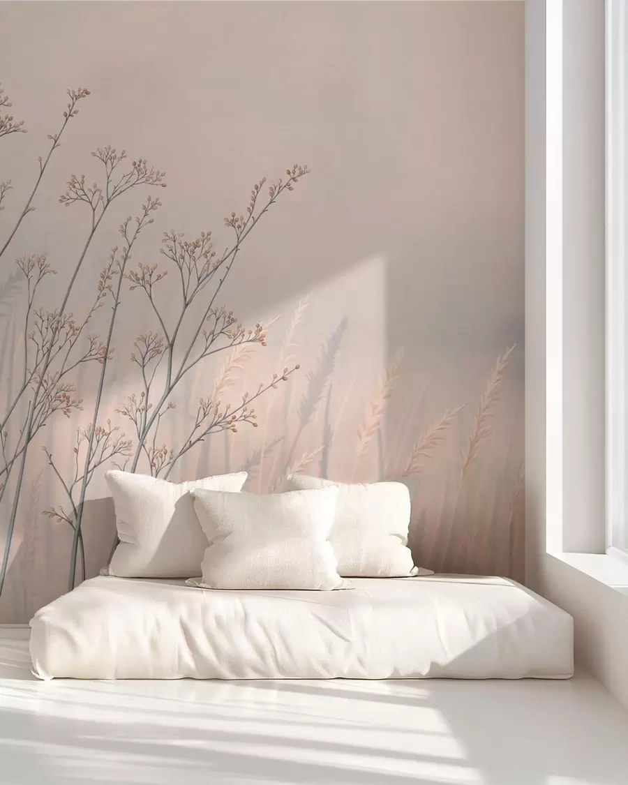 wall murals Meadow grasses by water in misty landscape w05534