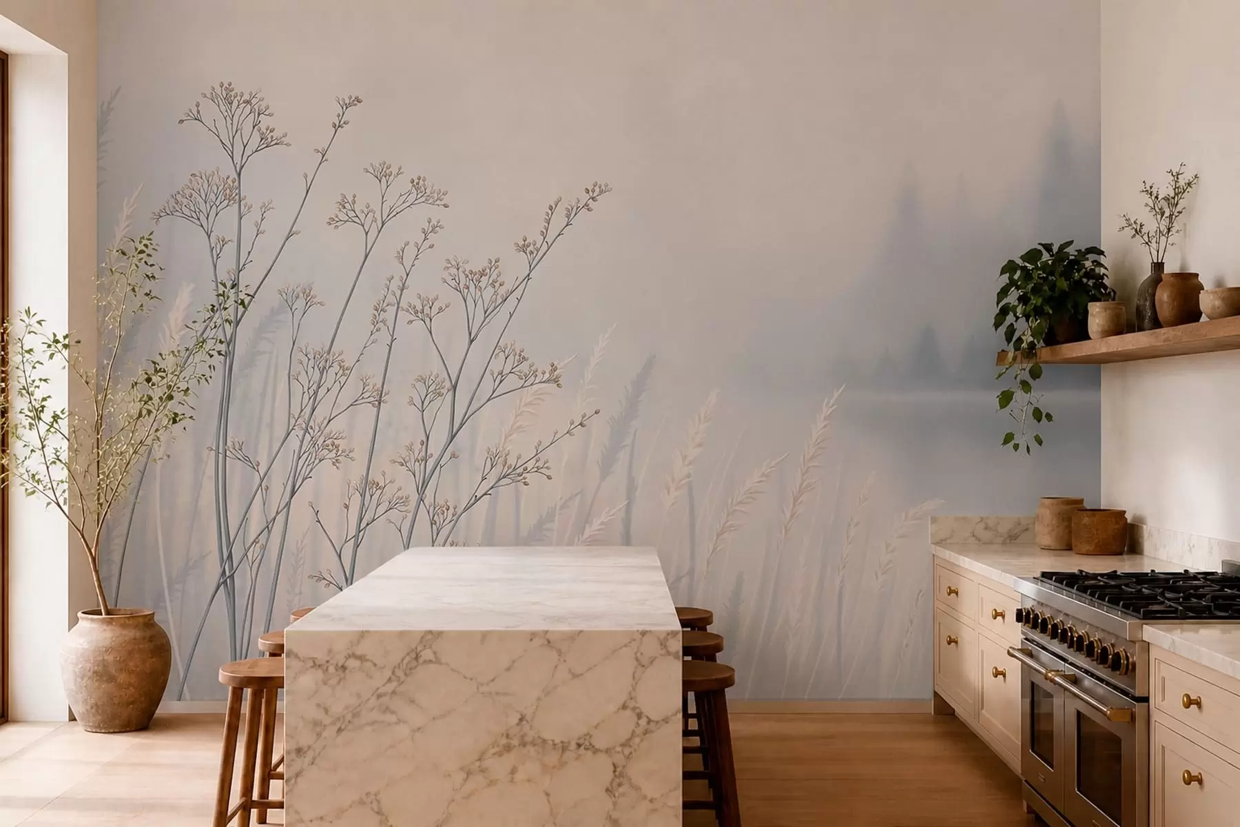 wall murals Meadow grasses by water in misty landscape w05534