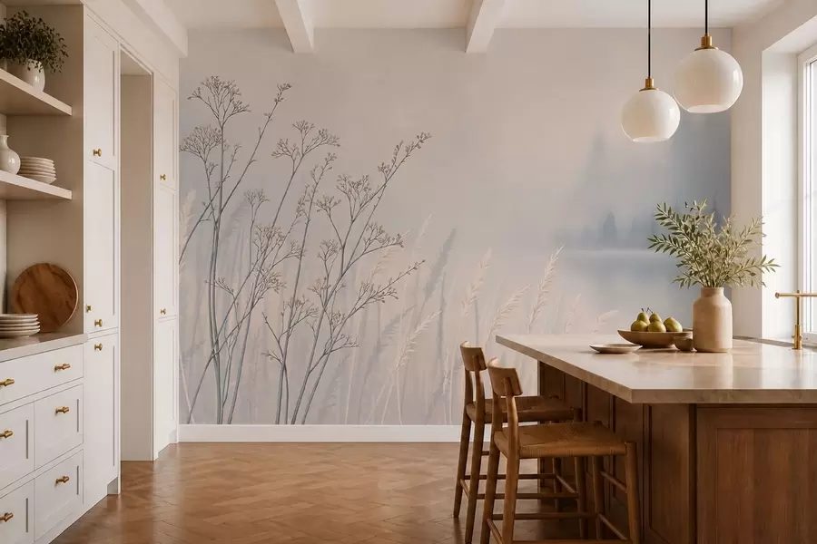 wall murals Meadow grasses by water in misty landscape w05534
