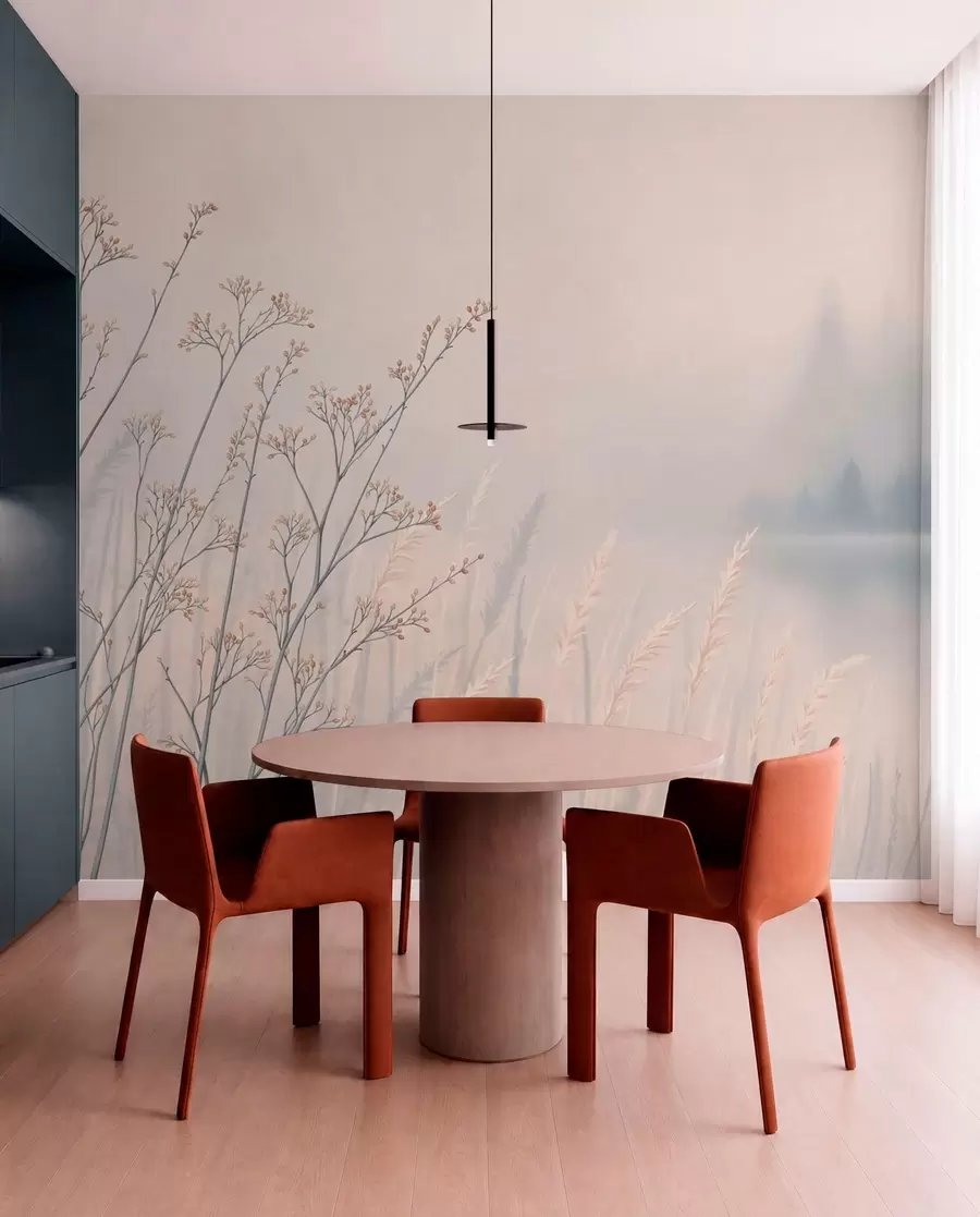 wall murals Meadow grasses by water in misty landscape w05534