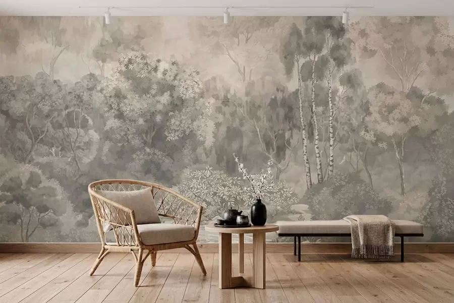wall murals Light-toned forest landscape with river w05542