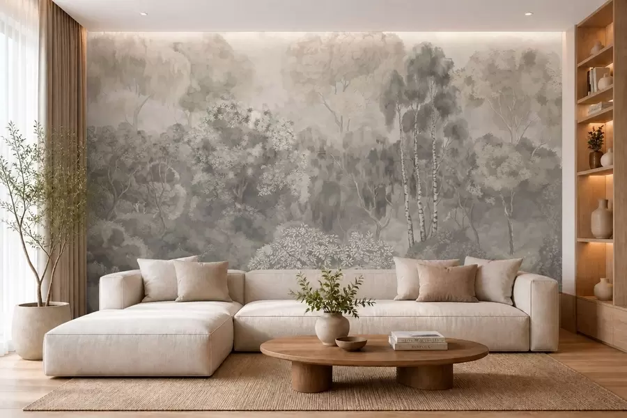 wall murals Light-toned forest landscape with river w05542
