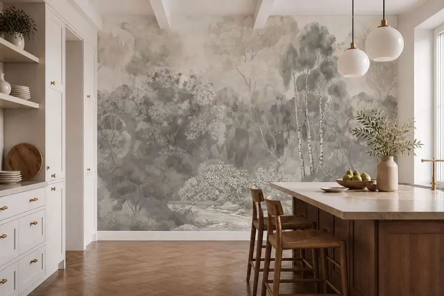 wall murals Light-toned forest landscape with river w05542