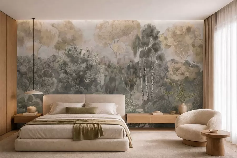 wall murals Forest scene with river and dense trees w05542v1