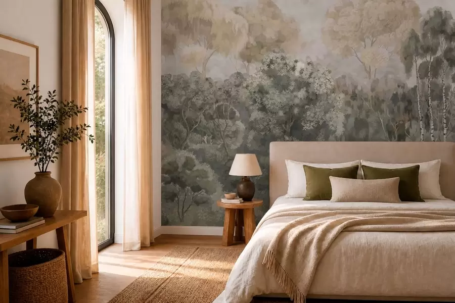 wall murals Forest scene with river and dense trees w05542v1