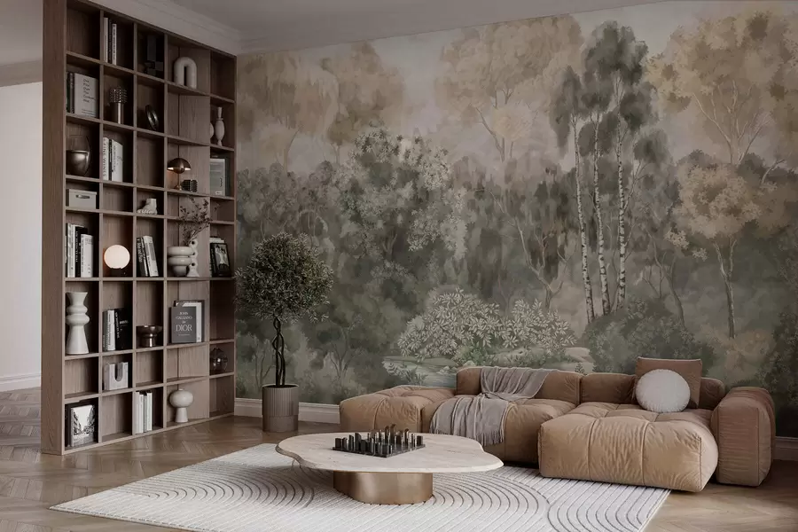 wall murals Forest scene with river and dense trees w05542v1