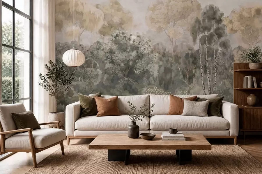 wall murals Forest scene with river and dense trees w05542v1