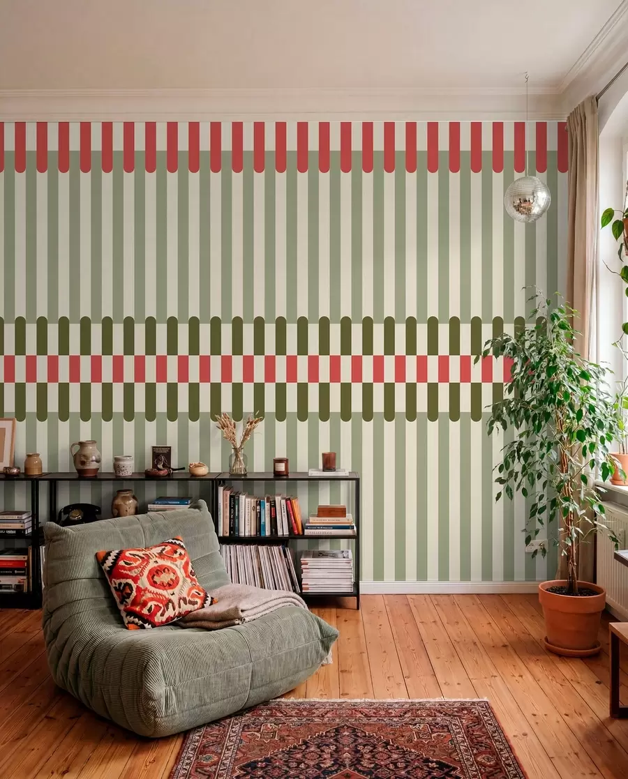wall murals Striped pattern in green and coral tones w05150v4