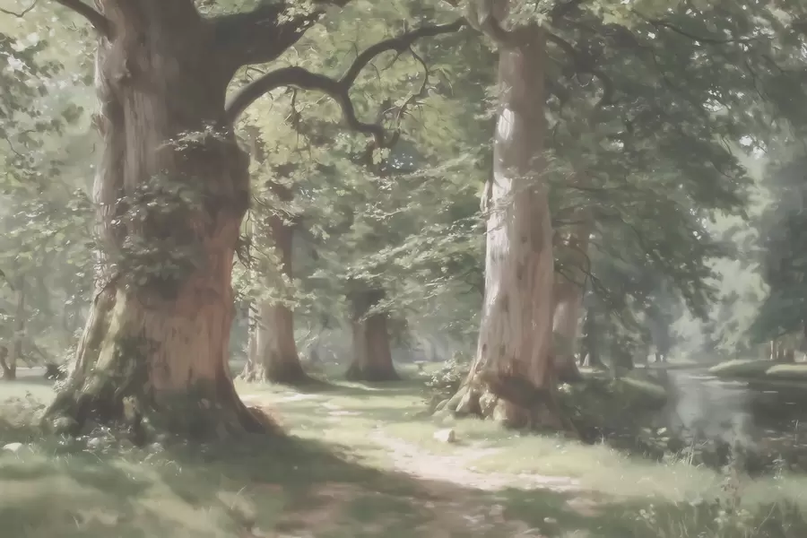 wall murals Fairytale forest landscape in a soft green-beige palette in painting style w09845
