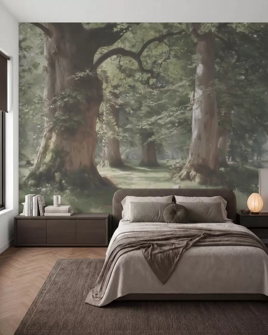 wall murals Fairytale forest landscape in a soft green-beige palette in painting style w09845