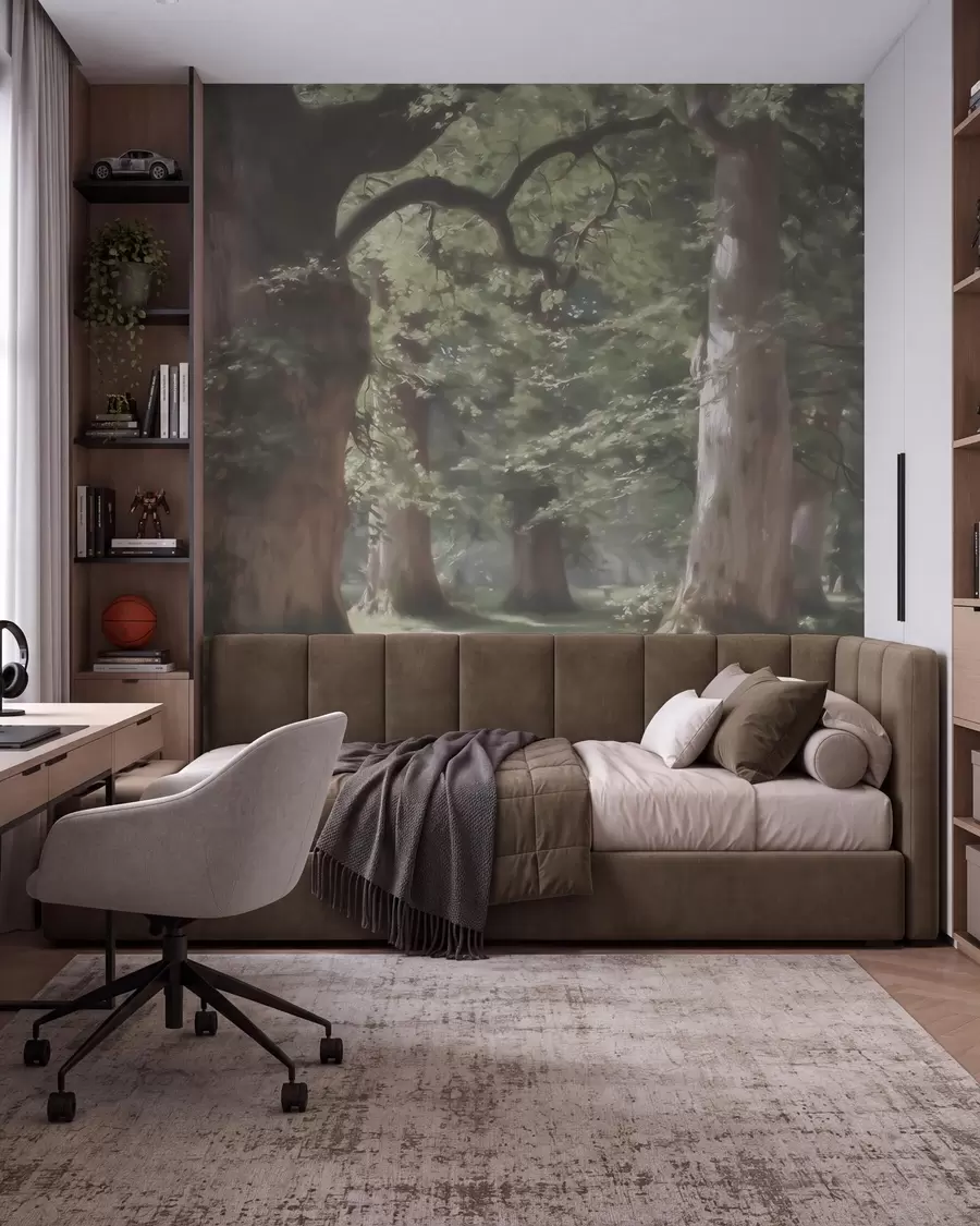 wall murals Fairytale forest landscape in a soft green-beige palette in painting style w09845