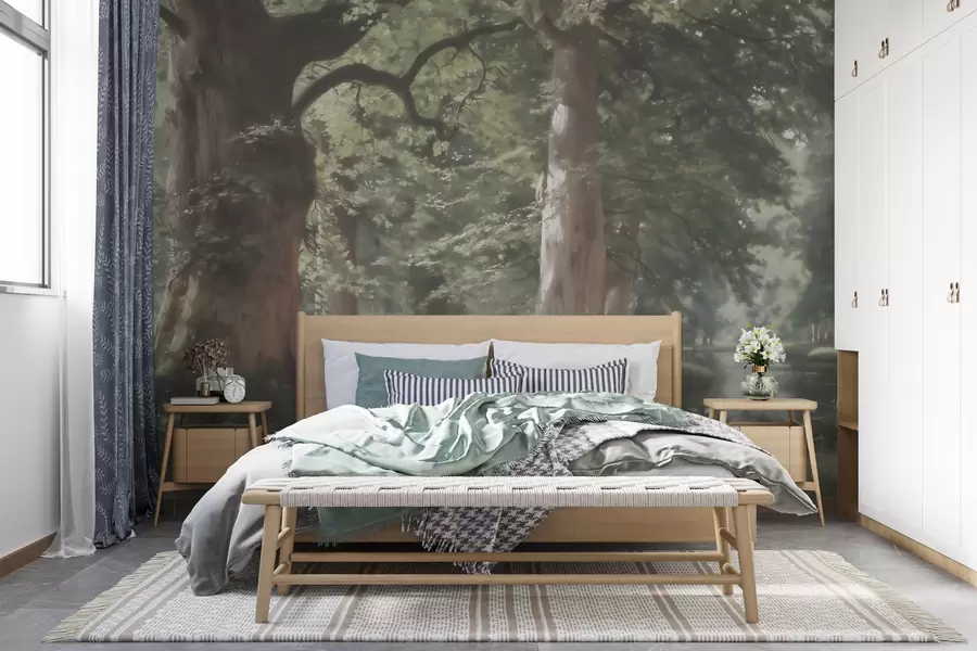 wall murals Fairytale forest landscape in a soft green-beige palette in painting style w09845