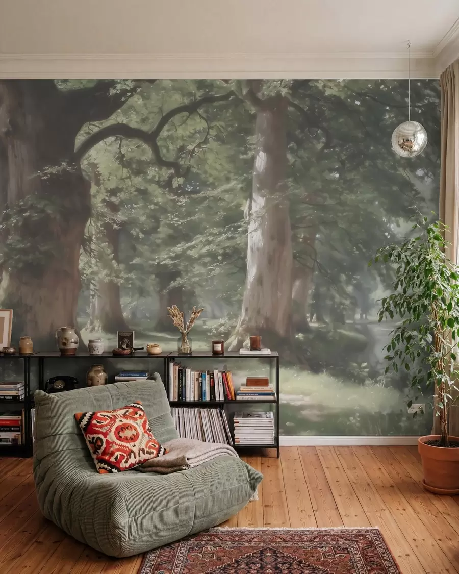 wall murals Fairytale forest landscape in a soft green-beige palette in painting style w09845