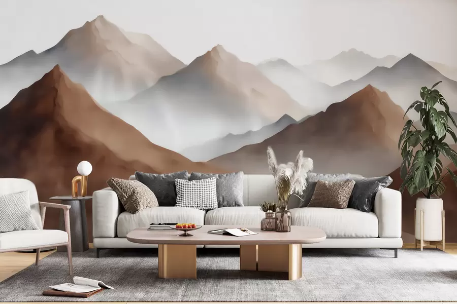 wall murals Misty mountain peaks in a beige-brown palette in watercolor style w09857