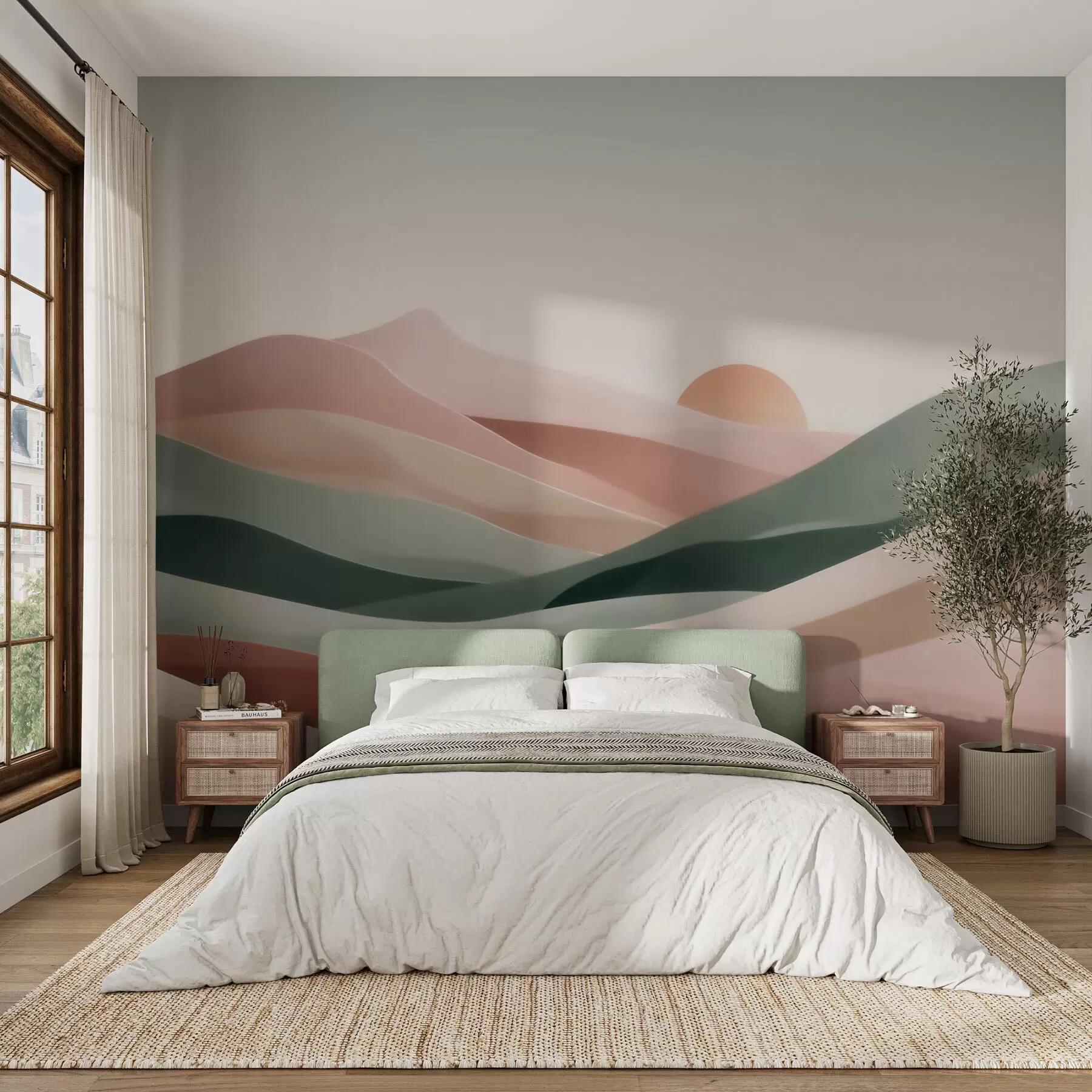 wall murals Abstract desert landscape in a pastel green-pink palette, minimalism w09860