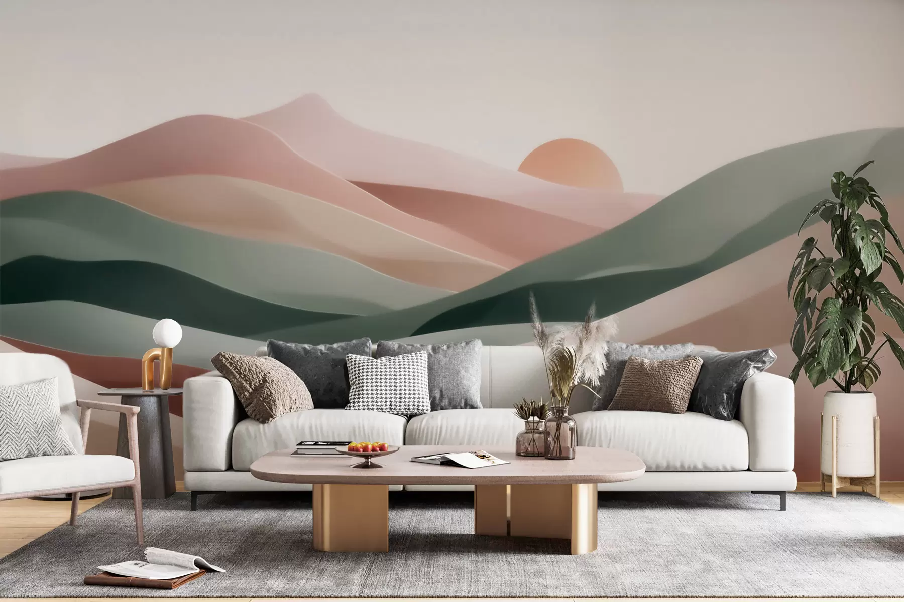 wall murals Abstract desert landscape in a pastel green-pink palette, minimalism w09860