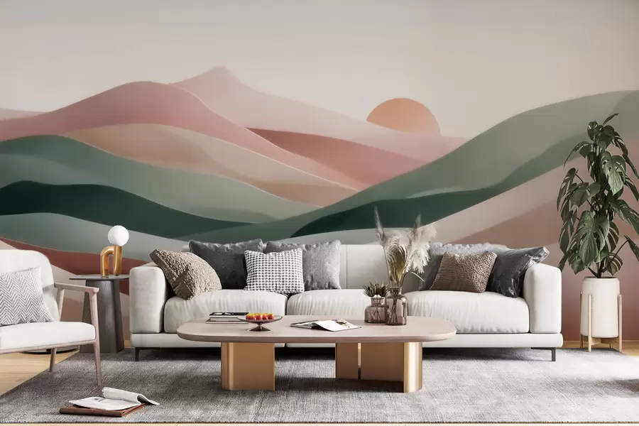 wall murals Abstract desert landscape in a pastel green-pink palette, minimalism w09860