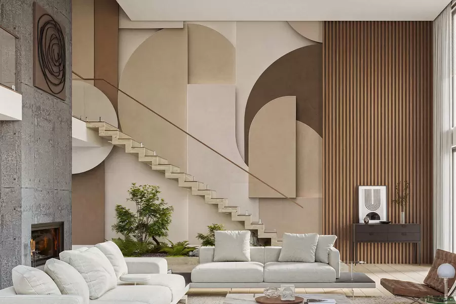 wall murals Textured beige geometric shapes in layered 3D composition, minimalist modern wall art w05598