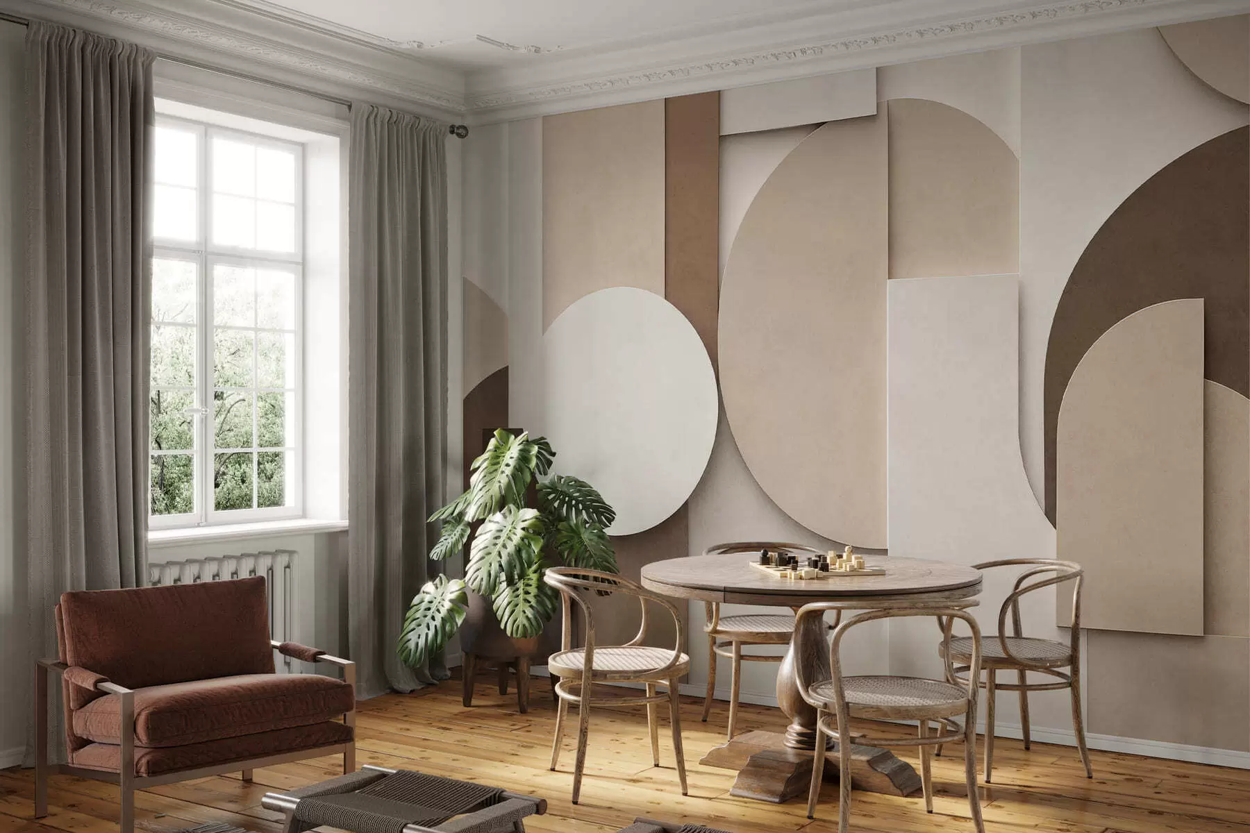 wall murals Textured beige geometric shapes in layered 3D composition, minimalist modern wall art w05598
